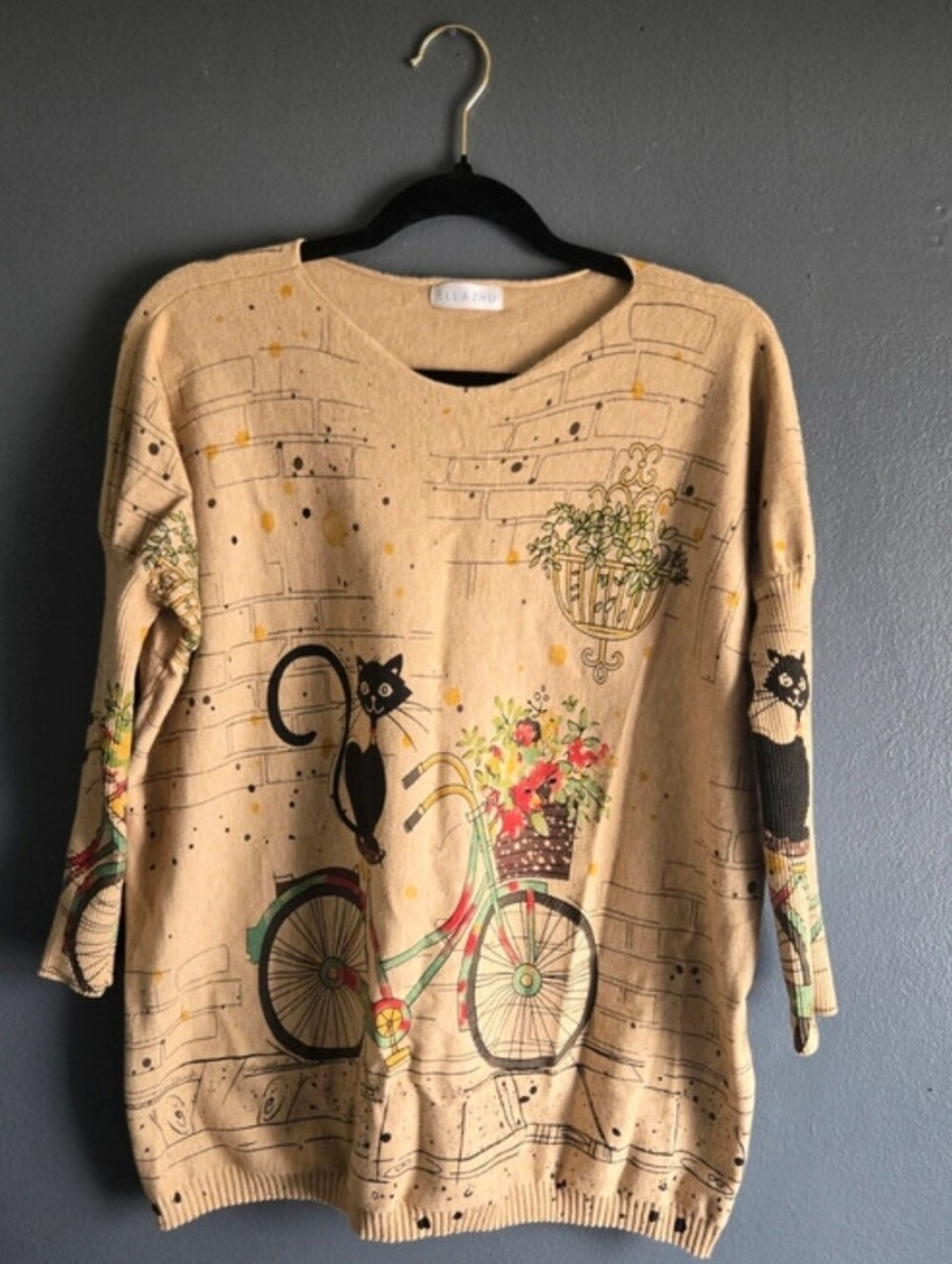 ELLAZHU Whimsical Beige Cat & Bicycle Soft Wool Blend Sweater 3/4 Sleeves OS